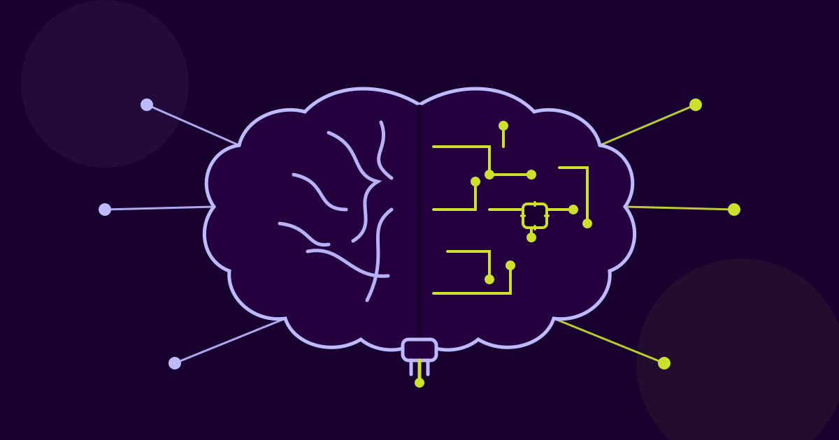 Illustration of an AI brain, half organic brain folds and half circuit board, in deep purple, lime and lavender