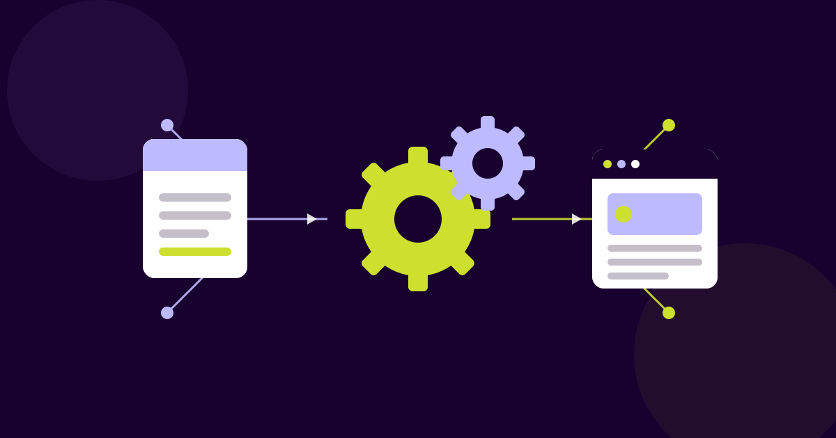 Flat illustration of a document flowing through interlocking gears into a browser window, in deep purple, lime and lavender, showing an AI content-to-WordPress system